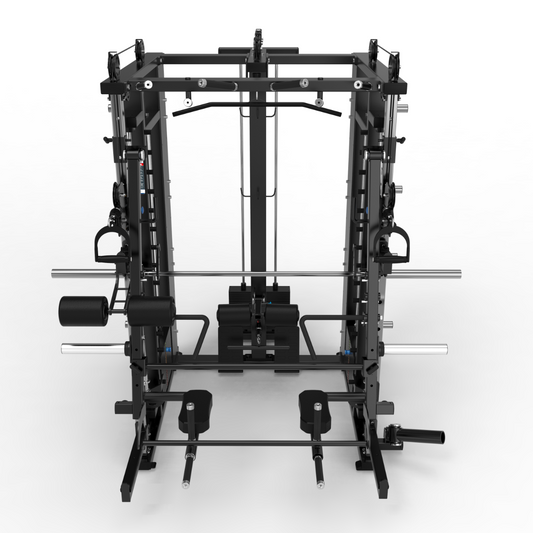 Multigym B22 avec Double Poulie (100Kg x 2) avec Extension Poulie Haute et Basse (100kg), Multipower, Presse jambes, Power rack, Bras mobiles, Arrières plans, Abdominaux et Accessoires
