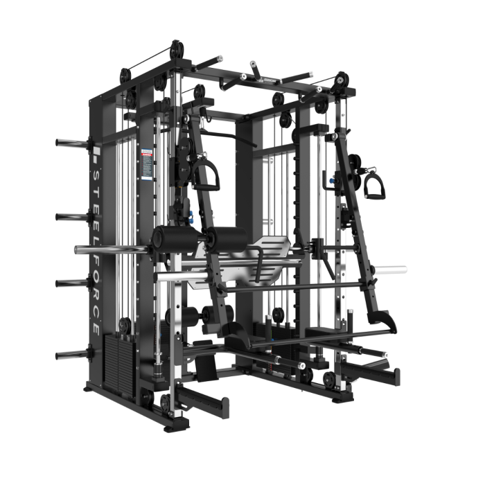 Multigym B22 avec Double Poulie (100Kg x 2) avec Extension Poulie Haute et Basse (100kg), Multipower, Presse jambes, Power rack, Bras mobiles, Arrières plans, Abdominaux et Accessoires