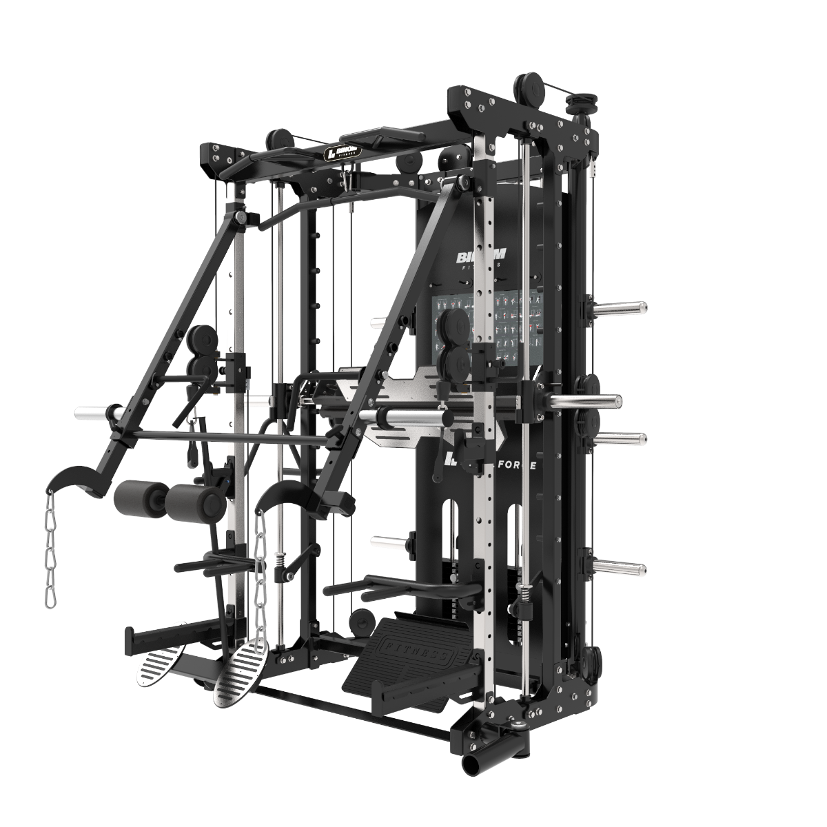 Multigym B12-V2 Bras Mobiles, Poulie Double (100 Kg x2), Power Rack, Leg Press, Multipower, Rameur et accessoires
