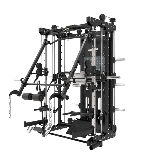 Multigym B12-V2 Bras Mobiles, Poulie Double (100 Kg x2), Power Rack, Leg Press, Multipower, Rameur et accessoires