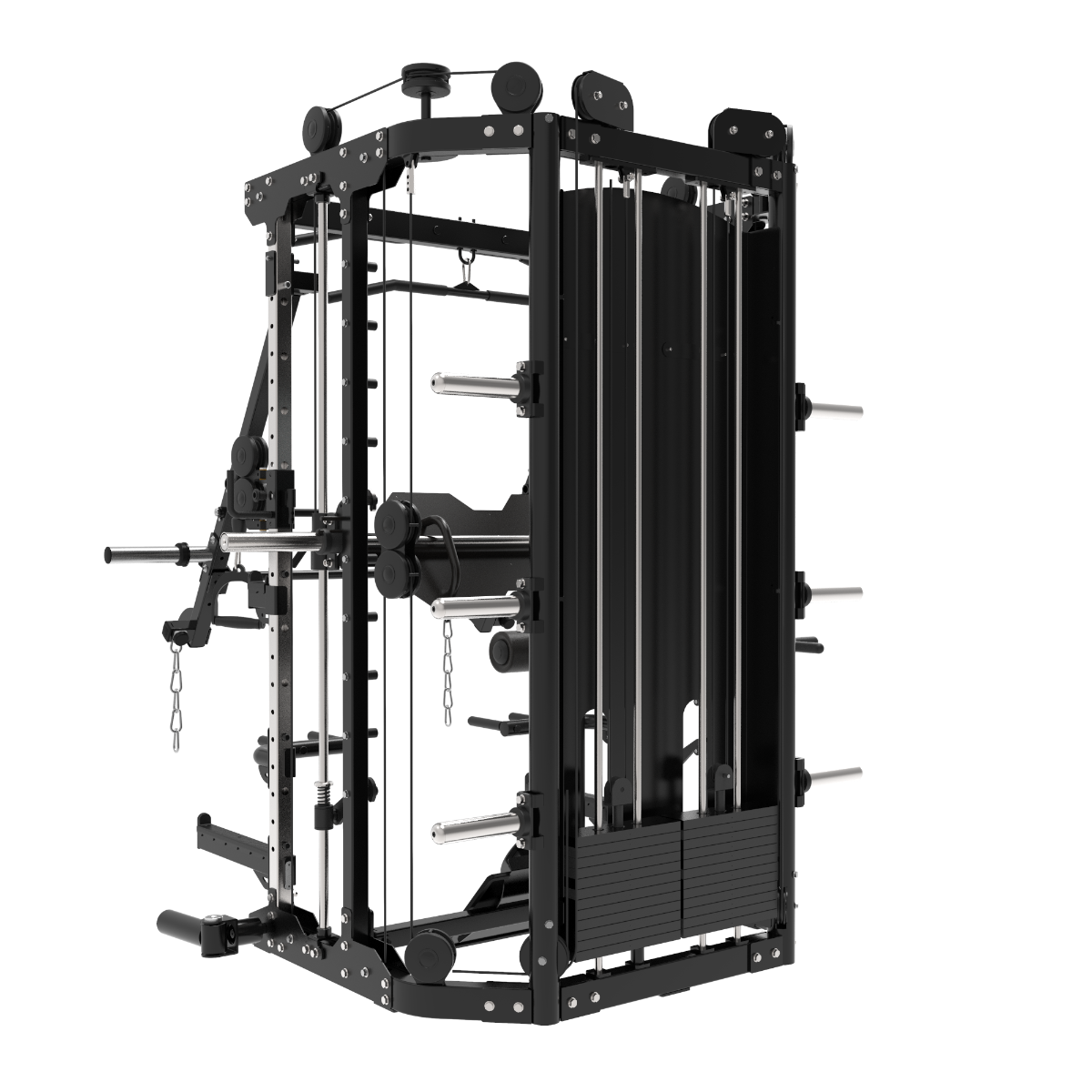 Multigym B12-V2 Bras Mobiles, Poulie Double (100 Kg x2), Power Rack, Leg Press, Multipower, Rameur et accessoires