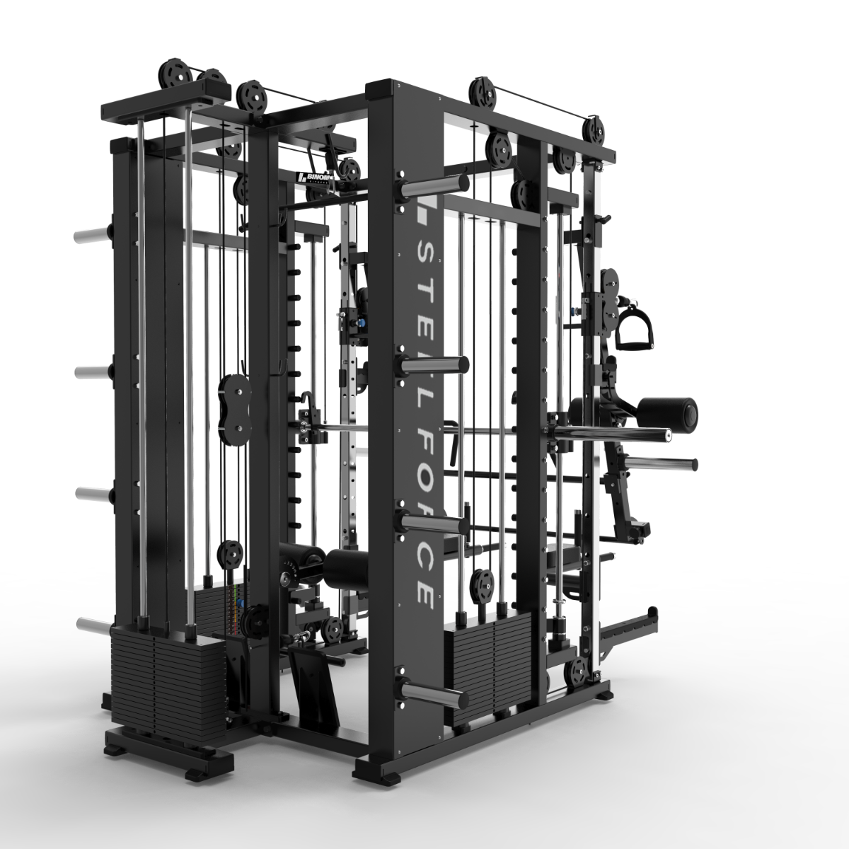 Multigym B22 avec Double Poulie (100Kg x 2) avec Extension Poulie Haute et Basse (100kg), Multipower, Presse jambes, Power rack, Bras mobiles, Arrières plans, Abdominaux et Accessoires