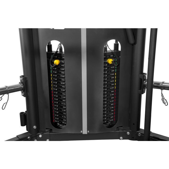 Binom Fitness Multigym B13, poulie double (90,5 kg) Power Rack, Multipower, Leg Press, Row et accessoires