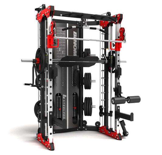 Binom Fitness Multigym B13, poulie double (90,5 kg) Power Rack, Multipower, Leg Press, Row et accessoires