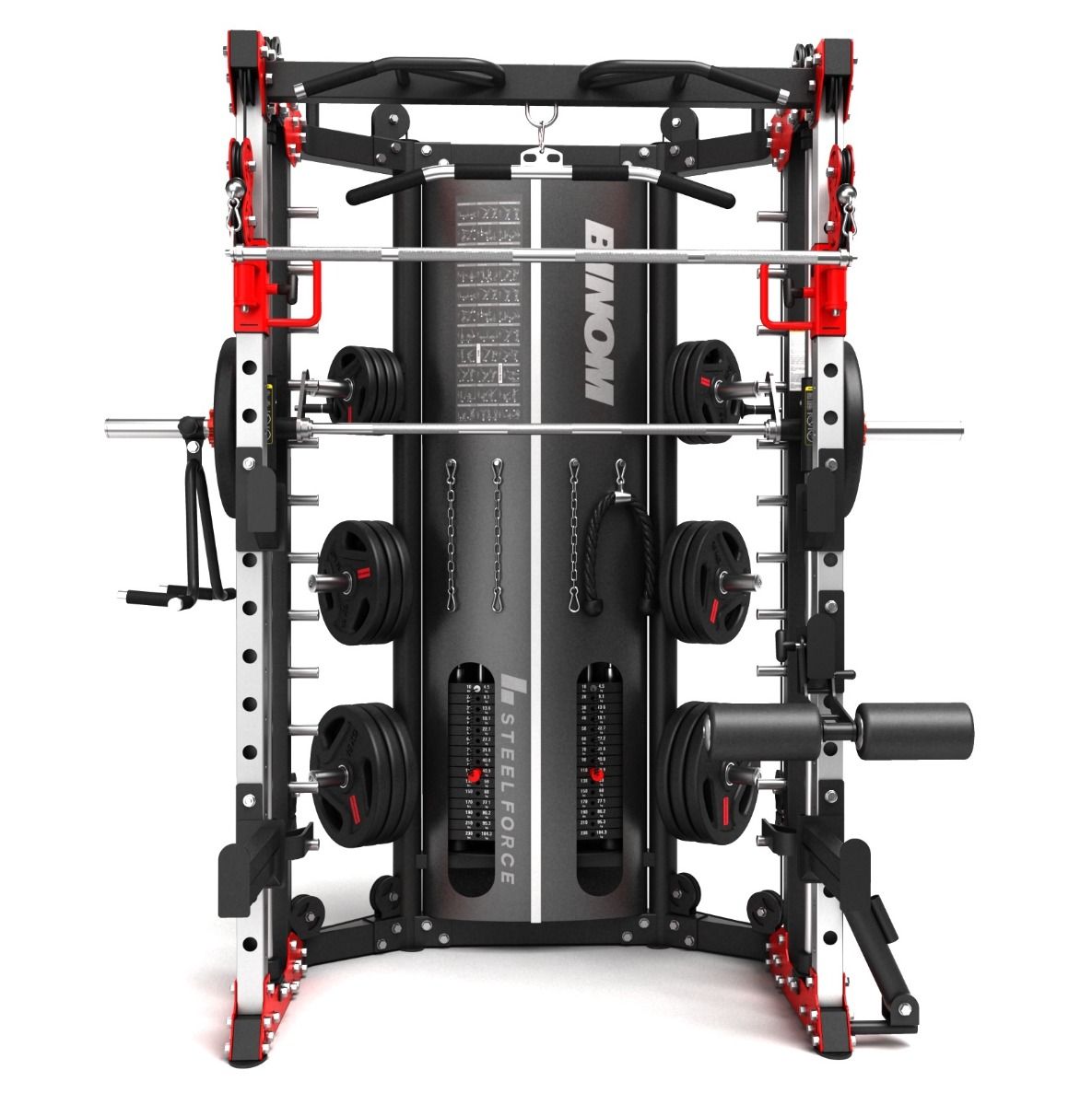 Binom Fitness Multigym B13, poulie double (90,5 kg) Power Rack, Multipower, Leg Press, Row et accessoires