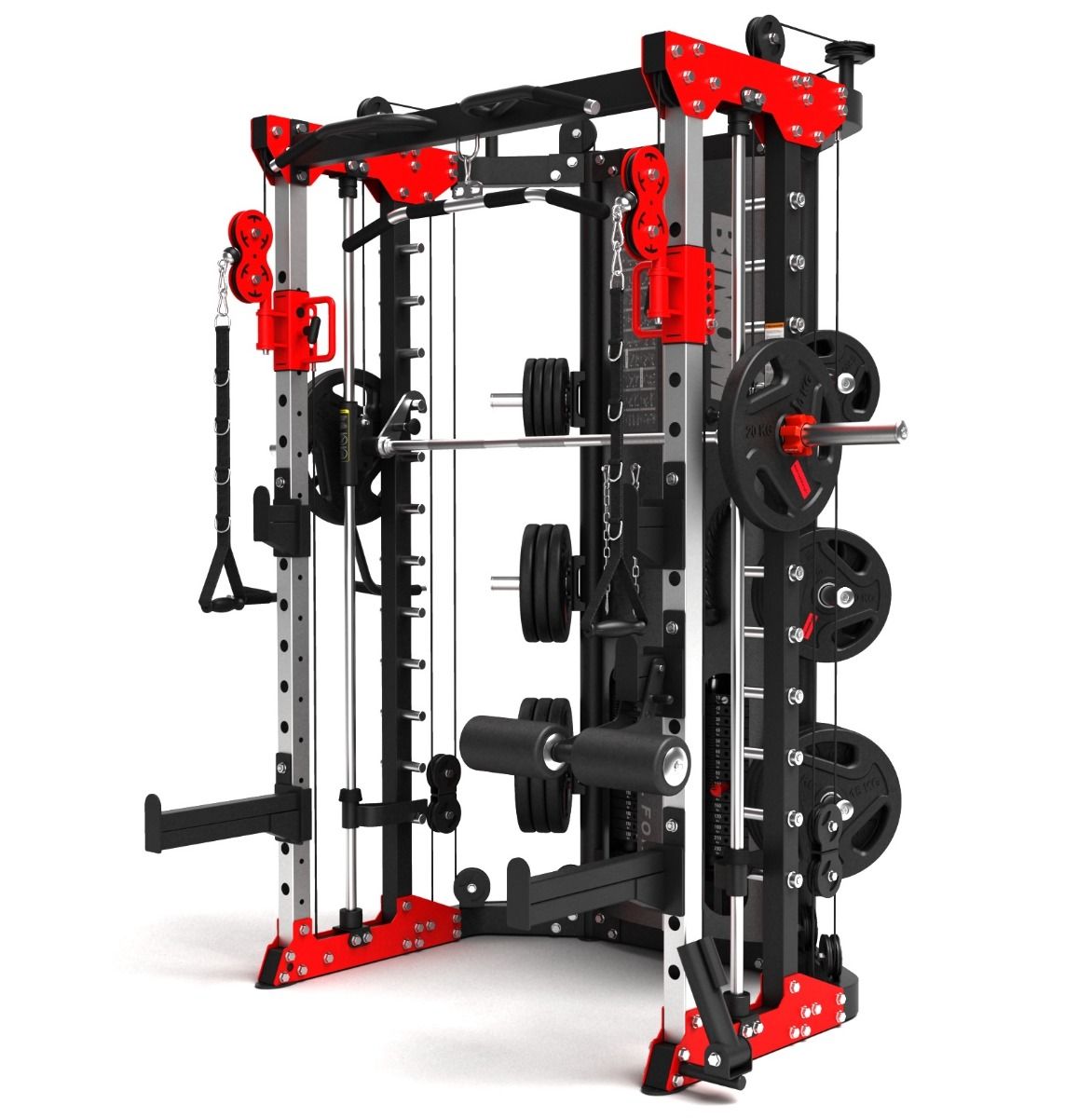 Binom Fitness Multigym B13, poulie double (90,5 kg) Power Rack, Multipower, Leg Press, Row et accessoires