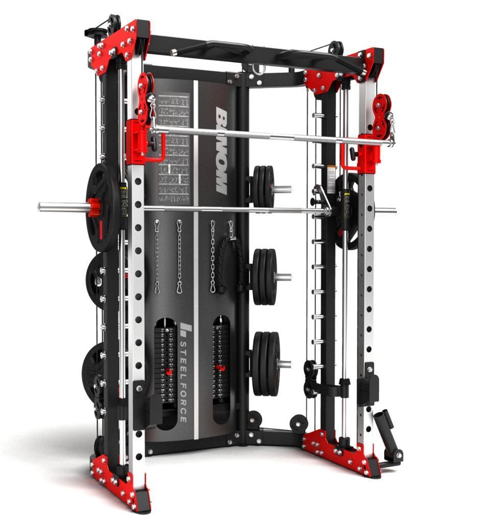 Binom Fitness Multigym B13, poulie double (90,5 kg) Power Rack, Multipower, Leg Press, Row et accessoires